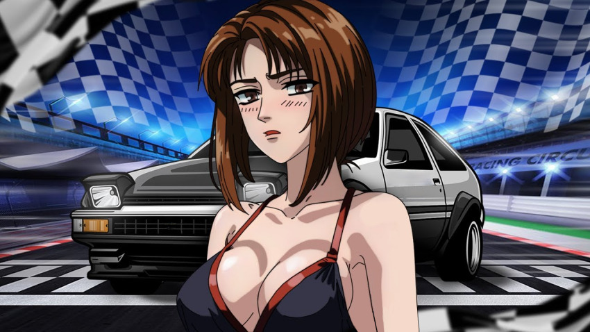 1girl ae86 alternate_costume artist_request blunt_bangs bob_cut bra breasts brown_eyes brown_hair car cleavage cosplay costume duplicate fanart_digital highres initial_d lipstick looking_at_viewer makeup medium_breasts midriff mogi_natsuki motor_vehicle race_queen race_track race_vehicle racecar racetrack short_hair source_request swimsuit toyota toyota_sprinter_trueno underwear