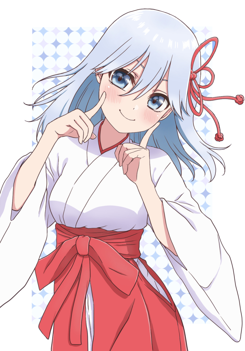 1girl amagami-san_chi_no_enmusubi amagami_asahi blue_eyes blue_hair blush closed_mouth cowboy_shot fingers_to_cheeks fingersmile hair_ribbon hakama hakama_skirt head_tilt highres japanese_clothes kimono looking_at_viewer medium_hair miko red_hakama ribbon saki_(pixiv68210903) skirt smile solo white_kimono wide_sleeves