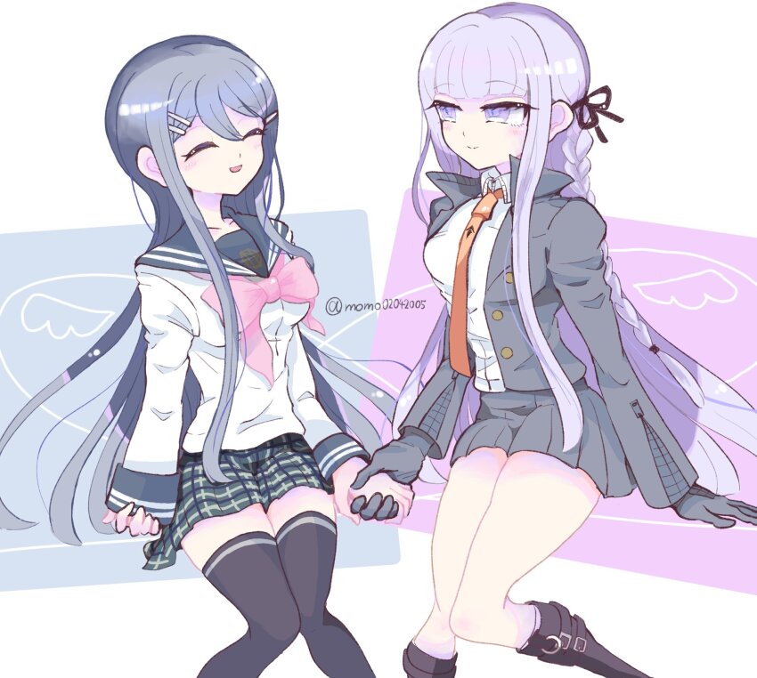 2girls black_gloves black_ribbon blue_eyes blue_hair blush bow bowtie braid collared_shirt danganronpa:_trigger_happy_havoc danganronpa_(series) gloves hair_ornament hair_ribbon hairclip highres holding_hands jacket kirigiri_kyoko long_hair long_sleeves looking_at_viewer maizono_sayaka multiple_girls necktie okarina_(momo02042005) open_clothes open_jacket pink_bow pink_bowtie pleated_skirt ribbon sailor_collar school_uniform serafuku shirt side_braid skirt smile thighhighs zettai_ryouiki