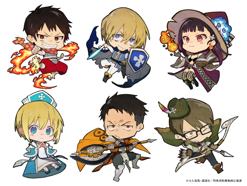 2019 2girls 4boys aiming akitaru_oubi arthur_boyle barefoot black_hair blonde_hair blue_eyes book bow_(weapon) brown_hair chibi cleric en&#039;en_no_shouboutai fire glasses halberd hat holding holding_polearm holding_weapon iris_(en&#039;en_no_shouboutai) kicking maki_oze monk multiple_boys multiple_girls nozaki_tsubata nurse_cap official_art paladin polearm pyrokinesis ranger red_eyes shield shinra_kusakabe sword takehisa_hinawa warrior weapon witch witch_hat