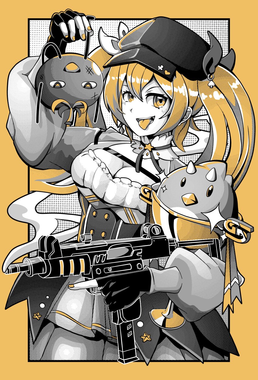 1girl absurdres bird blonde_hair breasts chest_strap cleavage colored_tongue corset dokibird_(vtuber) dokibird_(vtuber)_(tomato) fingerless_gloves gamer_supps gloves grimsilverse gun hat highres holding holding_gun holding_trophy holding_weapon indie_virtual_youtuber long_hair partially_colored skirt smoke smoking_barrel star_ornament submachine_gun tongue tongue_out trophy twintails upside-down virtual_youtuber weapon yellow_eyes yellow_nails yellow_tongue