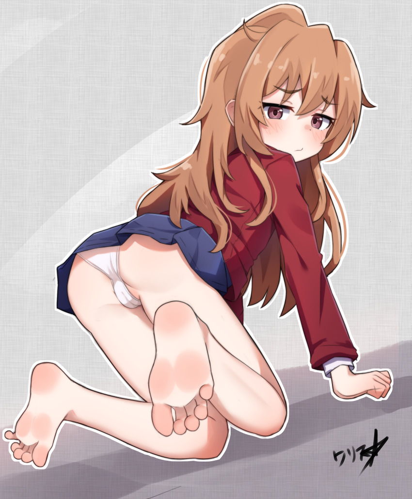 1girl absurdres aisaka_taiga ass barefoot blush boppin brown_eyes brown_hair cameltoe feet highres long_hair looking_at_viewer looking_back panties soles toes toradora! underwear