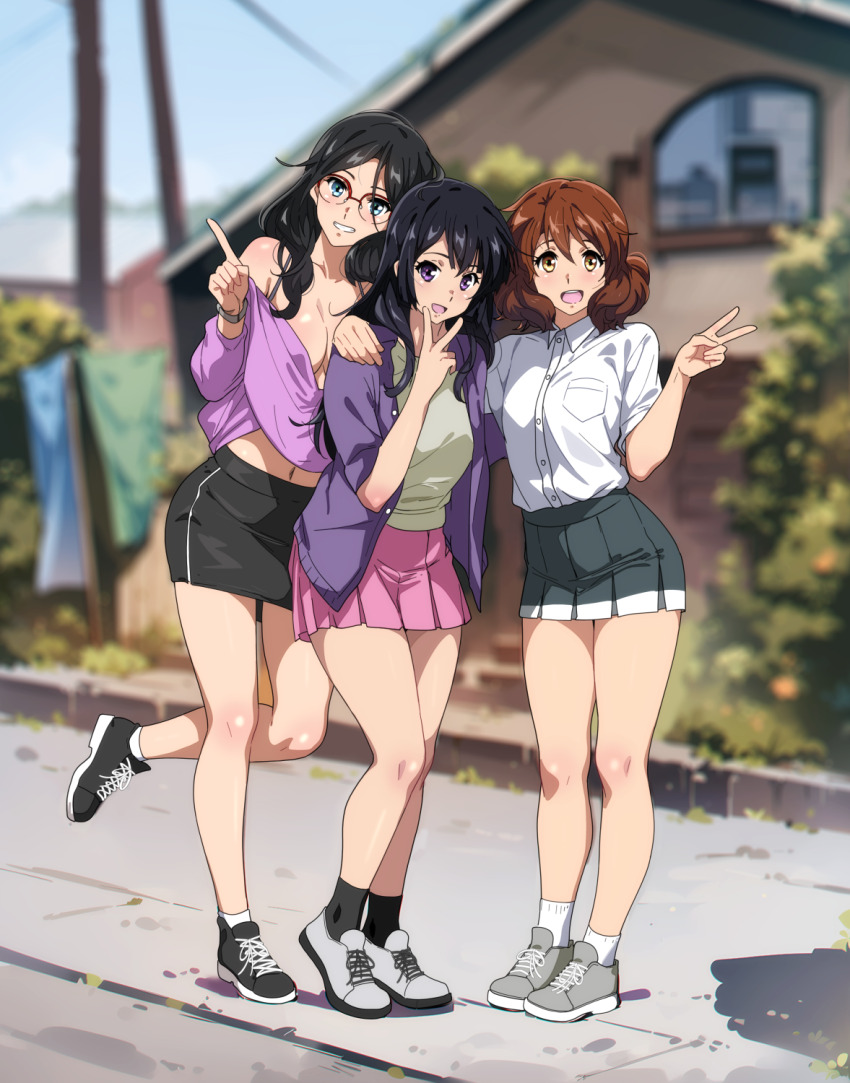 3girls :d bare_shoulders black_hair black_skirt black_socks blue_eyes blue_sky blurry blurry_background blush breast_pocket breasts brown_eyes brown_hair building cleavage collared_shirt commentary full_body glasses green_shirt green_skirt halterneck hand_on_another&#039;s_shoulder hibike!_euphonium highres index_finger_raised jacket kousaka_reina large_breasts long_hair looking_at_viewer miniskirt multiple_girls navel open_mouth oumae_kumiko outdoors pencil_skirt pink_shirt pink_skirt pocket purple_eyes purple_jacket red-framed_eyewear revealing_clothes sbel02 shiny_skin shirt shirt_tucked_in shoes short_hair skirt sky sleeveless sleeveless_shirt smile sneakers socks standing standing_on_one_leg symbol-only_commentary tanaka_asuka v v_over_mouth white_shirt white_socks yellow_eyes