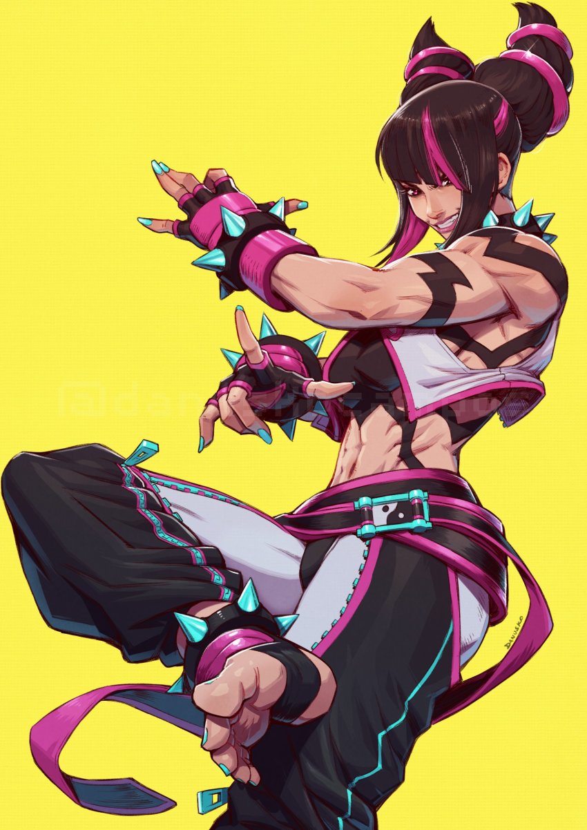 1girl abs belt black_hair breasts danusko evil_smile feet fingerless_gloves gloves hair_horns han_juri happy highres large_breasts multicolored_hair muscular muscular_female nail_polish one_leg_raised pants pink_eyes smile spiked_hair stomach street_fighter street_fighter_6 toeless_legwear toes toned toned_female two-tone_hair yellow_background zipper