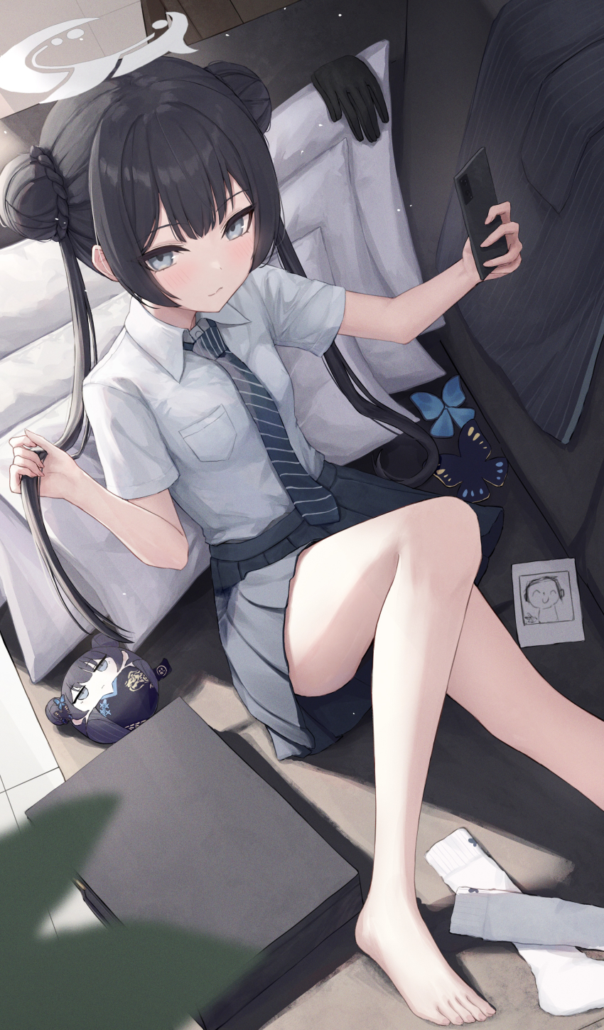 1girl absurdres alternate_costume bare_legs barefoot black_hair blue_archive braid closed_mouth clothing_aside couch diagonal-striped_clothes diagonal-striped_necktie doodle_sensei_(blue_archive) double_bun hair_bun halo highres holding holding_phone huran_tea kisaki_(blue_archive) knee_up long_hair looking_at_viewer necktie on_couch phone pleated_skirt school_uniform selfie sensei_(blue_archive) shirt short_sleeves sitting skirt solo souvenir_doll_(blue_archive) striped_clothes suitcase toes twintails white_shirt