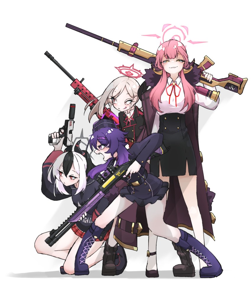 4girls aru_(blue_archive) blue_archive dr_yamero full_body gun handgun haruka_(blue_archive) highres kayoko_(blue_archive) multiple_girls mutsuki_(blue_archive) standing weapon white_background