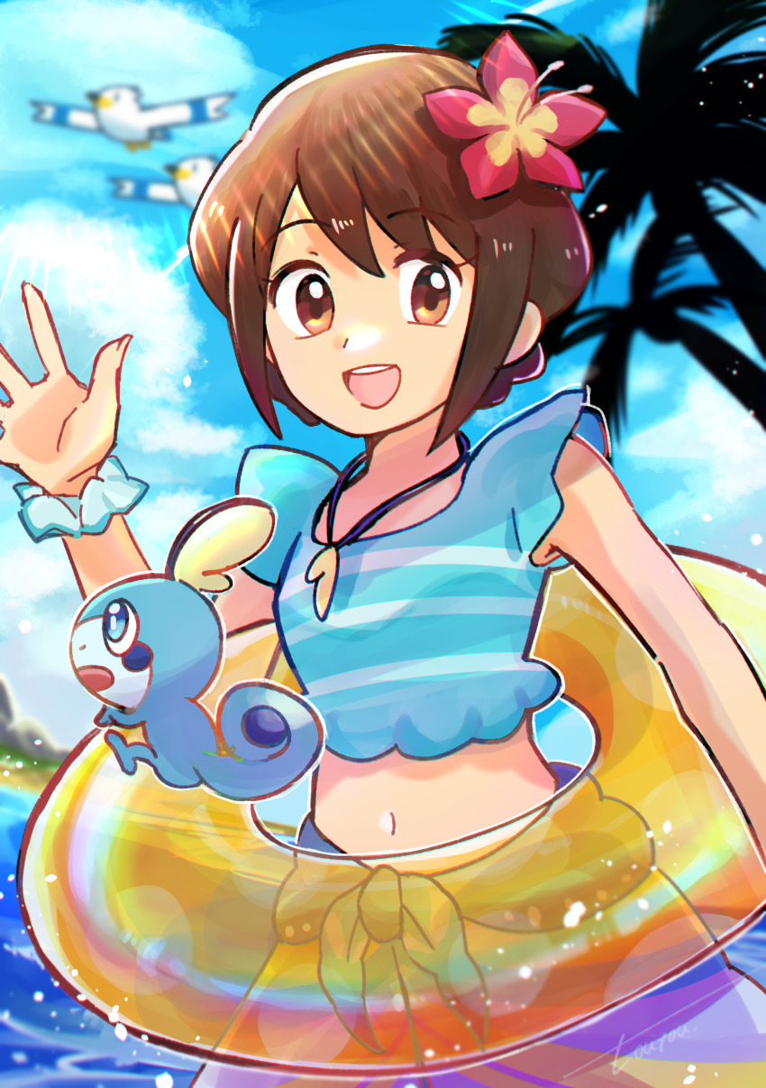 1girl :d absurdres alternate_costume blue_scrunchie brown_eyes brown_hair commentary creatures_(company) eyelashes flower game_freak gen_3_pokemon gen_8_pokemon gloria_(pokemon) gloria_(summer_2021)_(pokemon) hair_flower hair_ornament hand_up highres innertube jewelry looking_at_viewer midriff navel necklace nintendo official_alternate_costume open_mouth outdoors pokemon pokemon_masters_ex red_flower sarong scrunchie short_hair smile sobble solo_focus swim_ring swimsuit teeth toutouart tree upper_teeth_only water waving wingull wrist_scrunchie