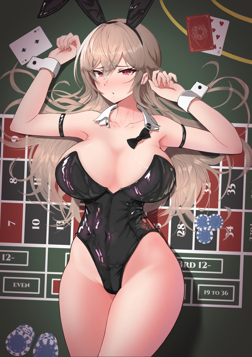 :o absurdres animal_ears armband arms_up breasts brown_hair casino_card_table cleavage fake_animal_ears furen_e_lustario highleg highleg_leotard highres large_breasts leotard looking_at_viewer lying nijisanji on_back playboy_bunny rabbit_ears red_eyes skindentation table thighs velceed virtual_youtuber