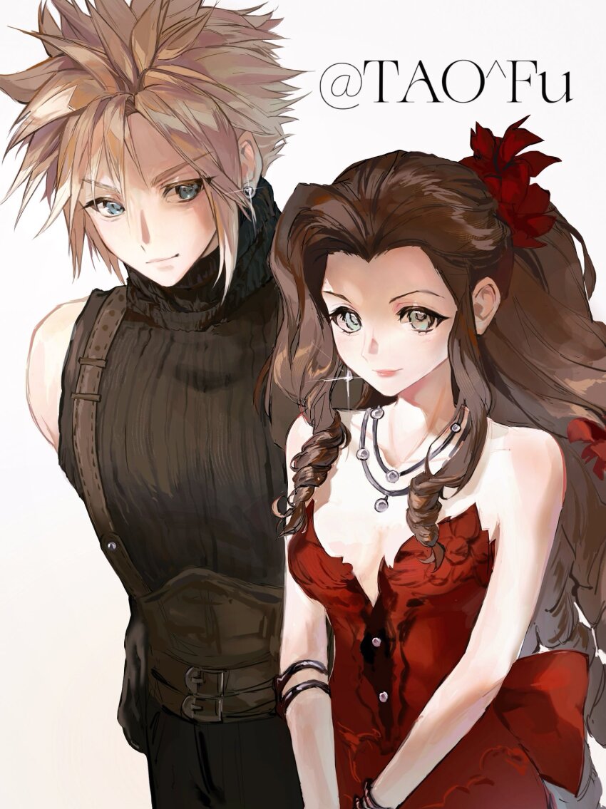 1boy 1girl aerith_gainsborough aerith_gainsborough_(red_dress) armlet back_bow bare_shoulders belt blonde_hair blue_eyes bow breasts brown_belt brown_hair cleavage closed_mouth cloud_strife curly_hair dress earrings final_fantasy final_fantasy_vii final_fantasy_vii_remake flamenco_dress floating_earring flower green_eyes hair_flower hair_ornament highres jewelry long_hair medium_breasts multiple_belts necklace official_alternate_costume parted_bangs ponytail red_dress red_flower short_hair sidelocks single_earring sleeveless sleeveless_turtleneck smile sparkle spiked_hair square_enix strapless strapless_dress tftvt turtleneck twitter_username upper_body v_arms wall_market white_background