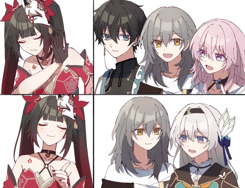 1boy 4girls aqua_hair bare_shoulders black_gloves black_hair black_hairband brown_hair closed_eyes closed_mouth cropped_jacket dan_heng_(honkai:_star_rail) detached_sleeves drakeposting_(meme) dress firefly_(honkai:_star_rail) fox_mask gloves gradient_hair grey_hair hair_between_eyes hair_ornament hairband highres honkai:_star_rail honkai_(series) long_hair march_7th_(honkai:_star_rail) march_7th_(preservation)_(honkai:_star_rail) mask meme multicolored_eyes multicolored_hair multiple_girls open_mouth pink_eyes purin_234 red_dress red_nails short_sleeves single_glove smile sparkle_(honkai:_star_rail) stelle_(honkai:_star_rail) trailblazer_(honkai:_star_rail) twintails yellow_eyes