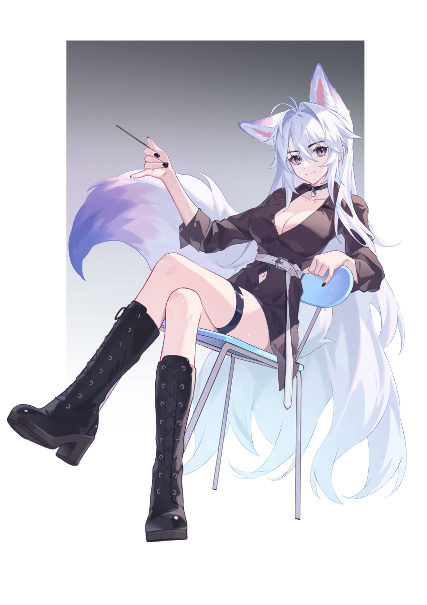 1girl absurdres animal_ears antenna_hair belt black_choker black_footwear black_nails black_shirt boots border breasts chair choker cleavage clothing_cutout collarbone commentary_request crossed_legs extra_ears fox_ears fox_girl fox_tail gradient_background grey_background grey_hair hair_between_eyes highres holding holding_stick kirby_d_a knee_boots large_breasts leaning_back long_hair long_sleeves looking_at_viewer luo_shun_yao navel_cutout original pendant_choker pink_eyes revision shirt sidelocks simple_background sitting smile solo stick tail thigh_strap very_long_hair white_belt white_border