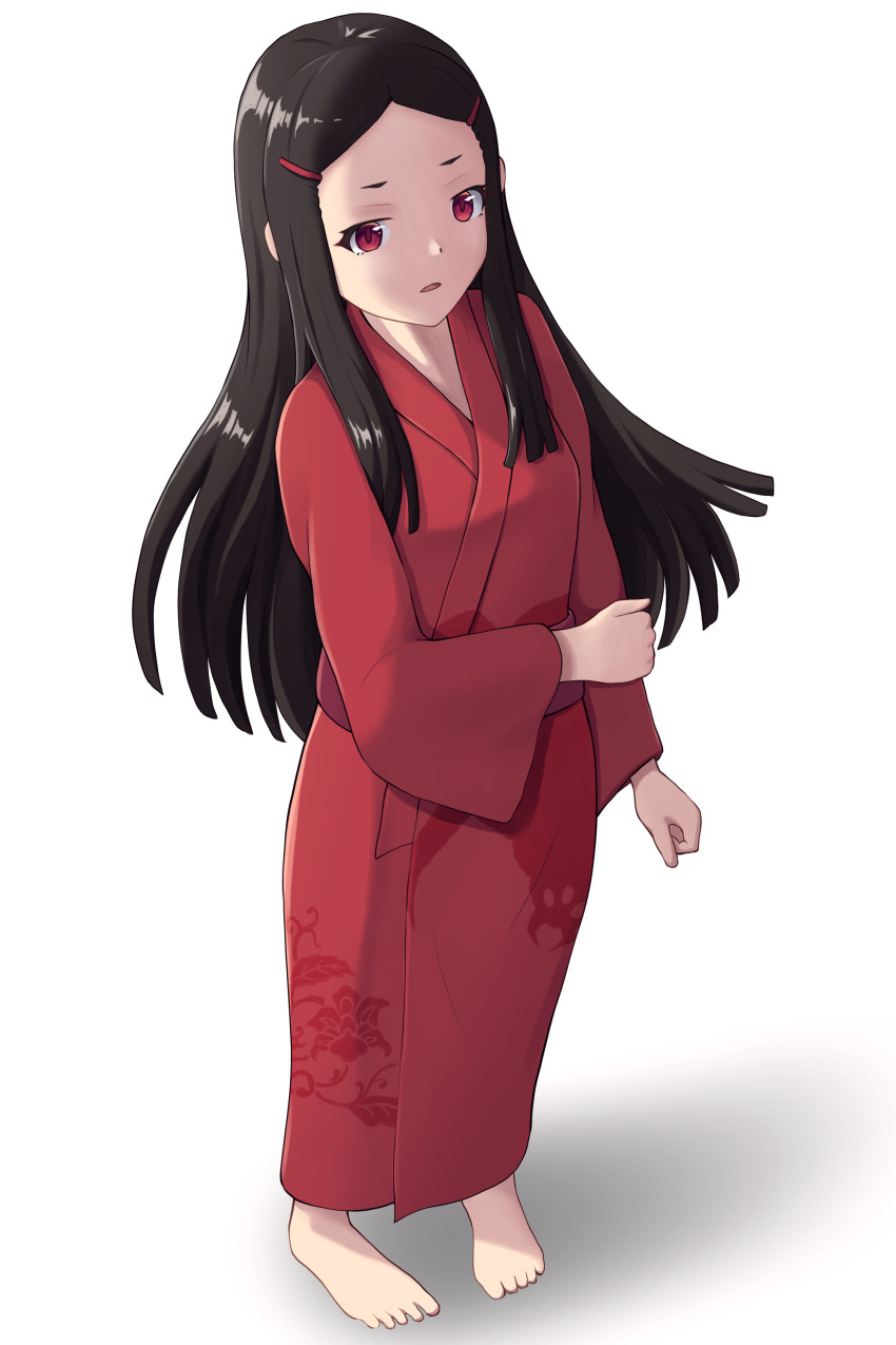 1girl absurdres animal_print black_hair flat_chest full_body hair_ornament hairclip highres hime_cut japanese_clothes kaibutsu_oujo kimono long_hair nakua open_mouth red_eyes red_kimono simple_background solo spider_print visnola white_background