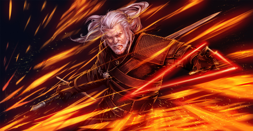 1boy armor geralt_of_rivia highres holding holding_sword holding_weapon long_hair reverse_grip solo sparks sword the_witcher_(series) weapon white_hair witcher_medallion yama_orce