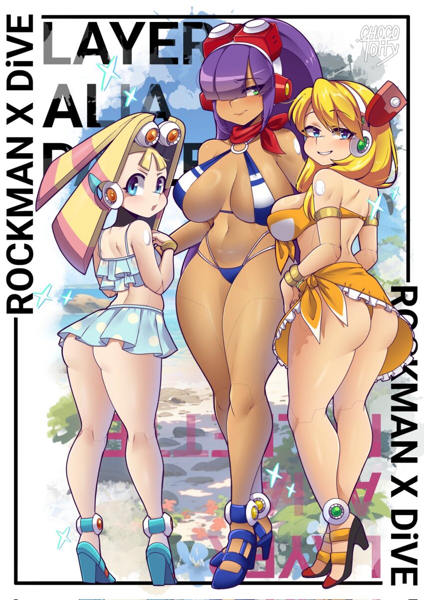 3girls alia_(mega_man) android artist_name ass bikini bikini_skirt blonde_hair blue_bikini blue_eyes blush breasts character_name chocotoffy copyright_name dark-skinned_female dark_skin detached_hair frilled_bikini frills full_body green_eyes high_ponytail highres joints large_breasts layer_(mega_man) long_hair looking_at_viewer mega_man_(series) mega_man_x_(series) mega_man_x_dive mole mole_under_eye multiple_girls official_alternate_costume orange_bikini orange_sarong pallette_(mega_man) purple_hair robot_girl robot_joints sarong small_breasts swimsuit white_bikini