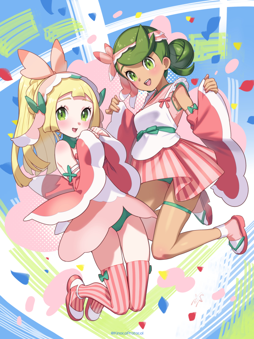 alternate_costume blonde_hair cosplay creatures_(company) game_freak gen_7_pokemon green_eyes green_hair highres kinocopro lillie_(pokemon) lurantis lurantis_(cosplay) mallow_(pokemon) multiple_girls nintendo pokemon pokemon_sm