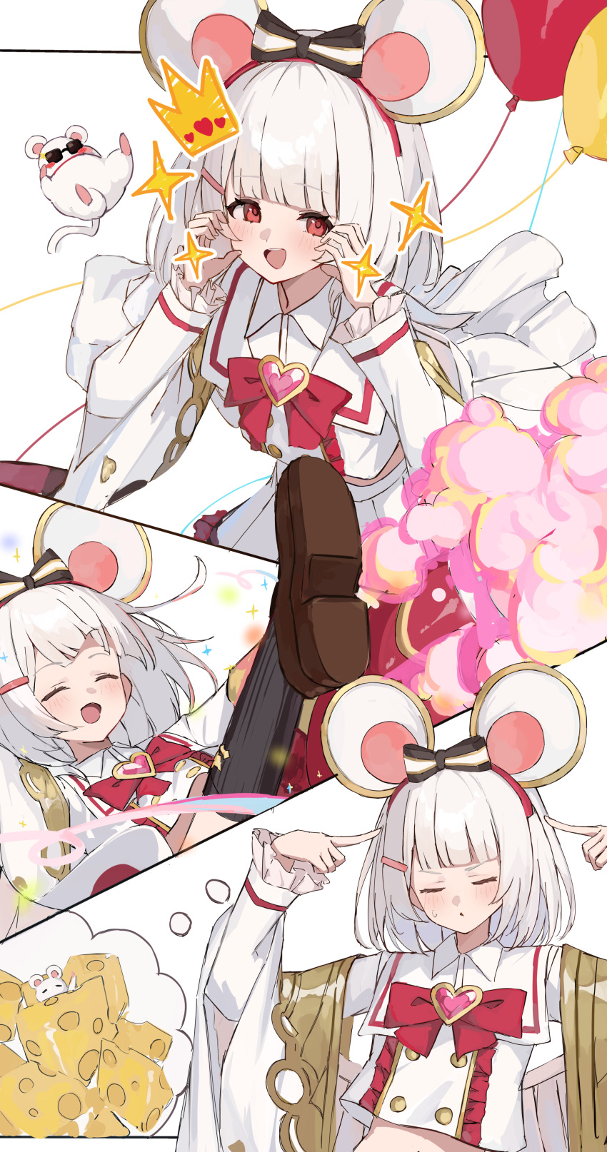 1girl absurdres animal_ears balloon blush bow bowtie brooch closed_eyes closed_mouth commentary_request fake_animal_ears granblue_fantasy heart heart_brooch highres jewelry looking_at_viewer mouse_ears multiple_views open_mouth red_bow red_bowtie red_eyes shiro_wa_(shiroshironix) shirt short_hair smile vikala_(granblue_fantasy) white_hair white_shirt