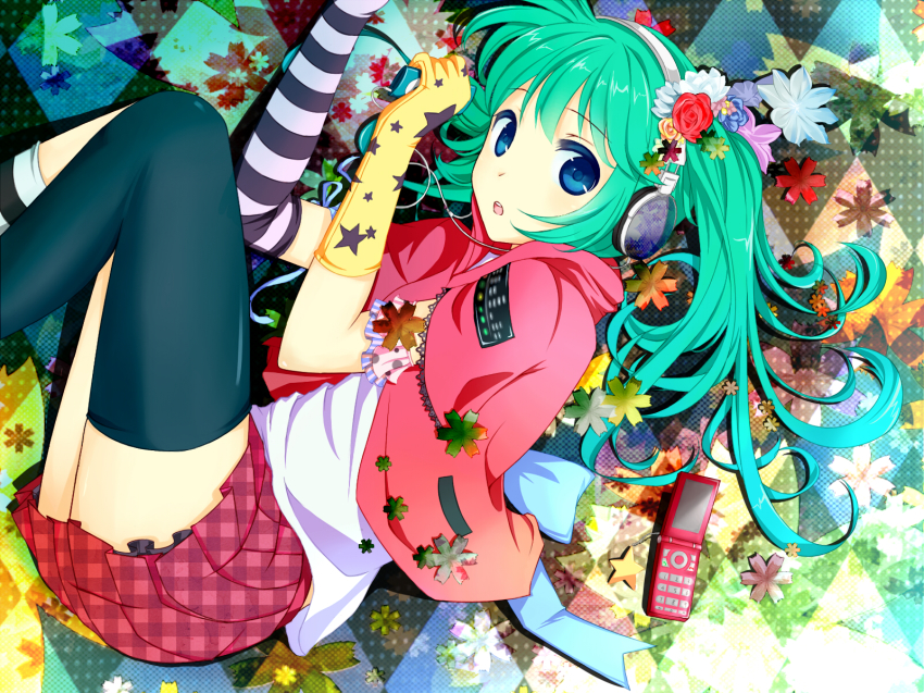 1girl apple_(company) armband asymmetrical_clothes bad_id bad_pixiv_id blue_eyes cellphone checkered_floor digital_media_player elbow_gloves female_focus floor flower gloves green_hair hair_flower hair_ornament hatsune_miku headphones highres ipod llc long_hair lying open_mouth phone single_thighhigh skirt solo striped_clothes striped_gloves thighhighs vocaloid