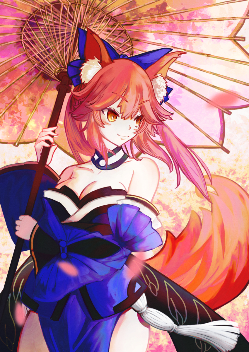 1girl absurdres animal_ear_fluff animal_ears bare_shoulders blue_kimono blue_ribbon blush breasts cleavage collarbone detached_sleeves fate/extella fate/extra fate/extra_ccc fate/grand_order fate_(series) fox_ears fox_girl fox_tail hair_ribbon highres japanese_clothes kimono large_breasts looking_to_the_side parasol pink_hair ribbon solo tail tamamo_(fate) tamamo_no_mae_(fate/extra) umbrella yellow_eyes yuga-kusakata