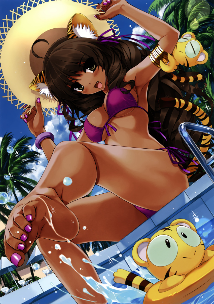 1girl animal_ears armpits arms_up barefoot bikini black_hair brown_eyes cat_ears cat_tail copyright_request cradle_(circle) dark-skinned_female dark_skin fang feet female_focus highres legs long_hair misaki_kurehito nail_polish pink_nails pool purple_nails soles solo swimsuit tail tan third-party_edit tiger_ears tiger_tail toe_scrunch toenail_polish toenails toes very_long_hair