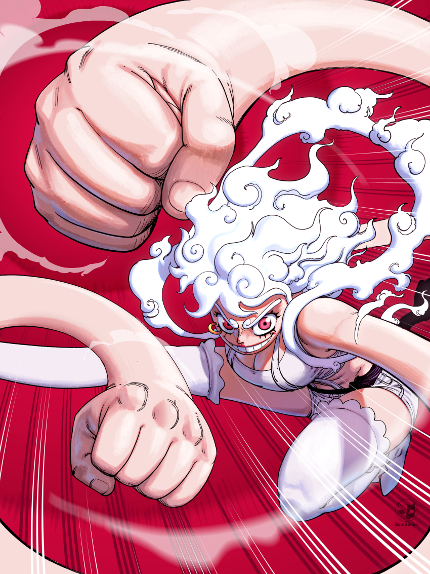 1girl absurdres alternate_form big_hair borudbrian breasts cleavage clenched_hands cloud cloud_hair crop_top curly_eyebrows devil_fruit_power elasticity eyelashes gear_fifth grin hagoromo highres jewelry_bonney large_breasts large_hands looking_at_viewer official_alternate_color official_alternate_hair_color one_piece purple_sash reaching reaching_towards_viewer red_background red_eyes sash shawl short_hair short_shorts shorts smile solo stretched_limb suspender_shorts suspenders tank_top thighhighs v-shaped_eyebrows white_hair white_shorts white_tank_top white_thighhighs