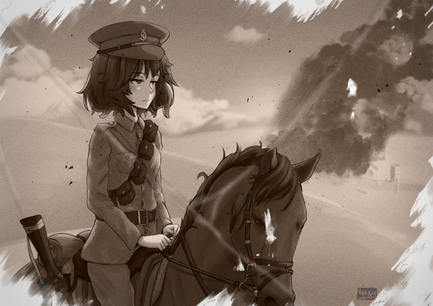 1girl akiyama_yukari artist_name belt closed_mouth cloud cloudy_sky commentary commission dated day desert english_commentary epaulettes frown girls_und_panzer gun half-closed_eyes hat horizon horse horseback_riding jacket long_sleeves looking_to_the_side messy_hair military military_hat military_uniform monochrome nyaxxy outdoors pants peaked_cap pouch riding rifle sam_browne_belt sepia short_hair signature sky smoke solo texture weapon world_war_i