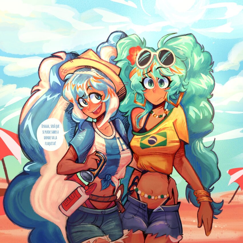 2girls aqua_eyes aqua_hair beach bead_choker belly_chain big_hair bikini black_bikini blue_eyes blue_hair bracelet brazil brazilian_flag brazilian_flag_print brazilian_miku can cowboy_shot day exposed_pocket eyewear_on_head flag_print flower hair_flower hair_ornament hat hatsune_miku highres holding holding_can honduran_flag honduras jewelry lattelattoso long_hair midriff multicolored_hair multiple_bracelets multiple_girls navel open_mouth outdoors print_shirt red_flower rope round_eyewear sand shirt short_sleeves shorts_tan single_bare_shoulder smile speech_bubble streaked_hair sunglasses swimsuit tan tanline tied_shirt translation_request twintails umbrella very_long_hair vocaloid white-framed_eyewear white_hair worldwide_miku yellow_shirt