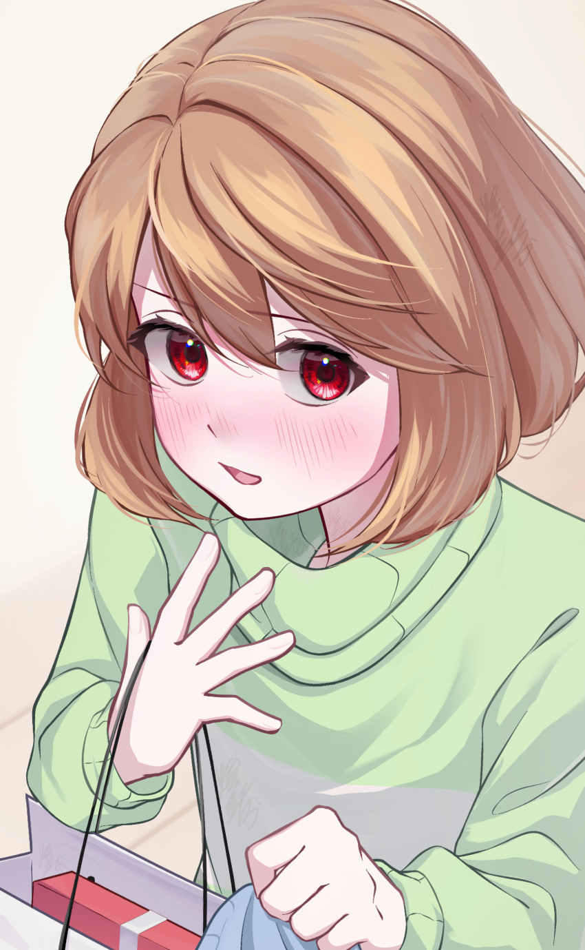 1other absurdres bag blush brown_hair chara_(undertale) commentary_request highres holding holding_bag long_sleeves open_mouth red_hair shio_toukou short_hair solo sweater undertale upper_body valentine