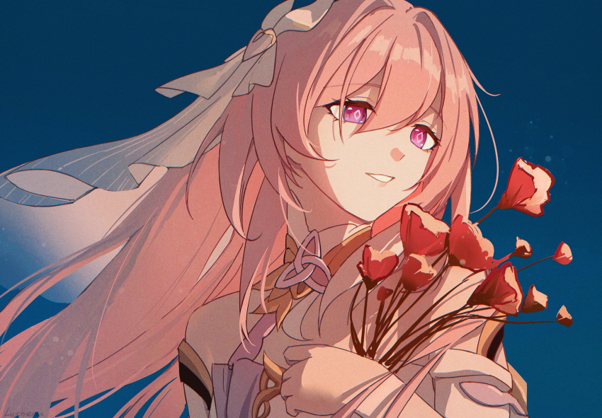 1girl artist_name bare_shoulders blue_background chinese_commentary commentary_request diamond-shaped_pupils diamond_(shape) elysia_(herrscher_of_human:_ego)_(honkai_impact) elysia_(honkai_impact) flower highres holding holding_flower honkai_(series) honkai_impact_3rd long_hair looking_ahead looking_to_the_side luthiexxx parted_lips pink_hair portrait purple_eyes smile solo symbol-shaped_pupils triquetra upper_body veil very_long_hair white_veil