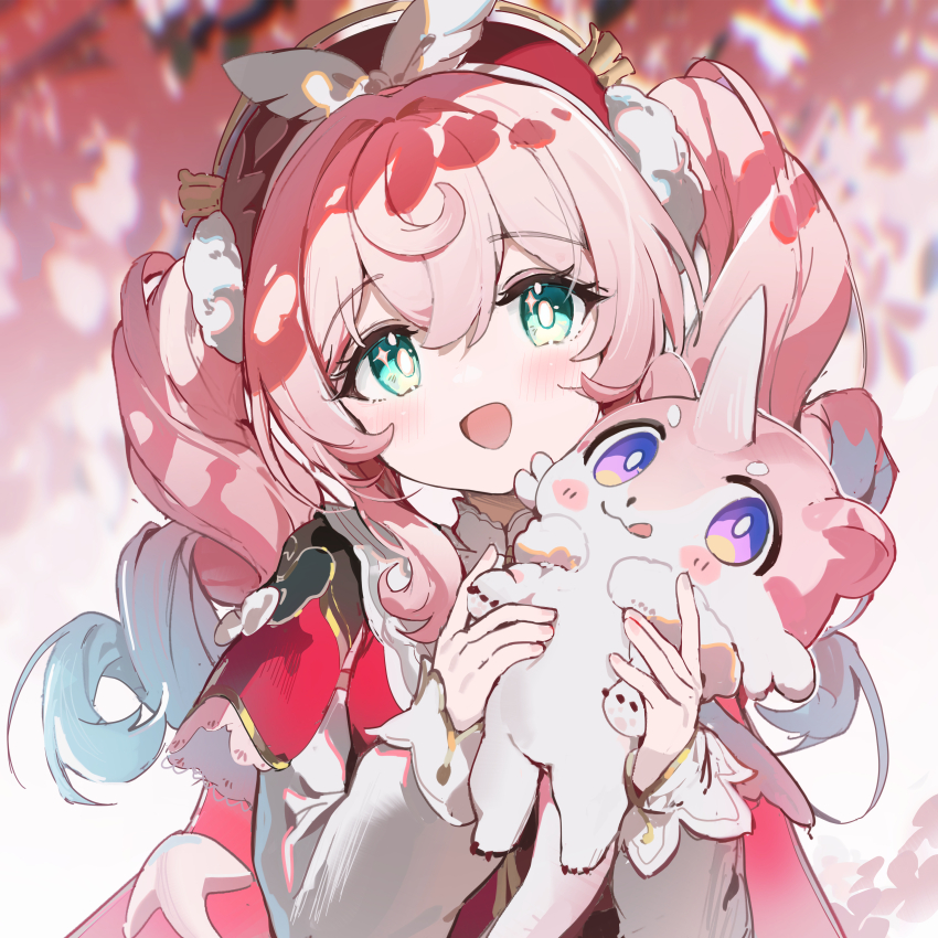 1girl absurdres animal aqua_hair beret blush_stickers cherry_blossoms coria dress green_eyes hat highres holding holding_animal honkai:_star_rail honkai_(series) horns hyacine_(honkai:_star_rail) long_hair multicolored_hair open_mouth pink_hair purple_eyes red_dress single_horn smile twintails two-tone_hair upper_body