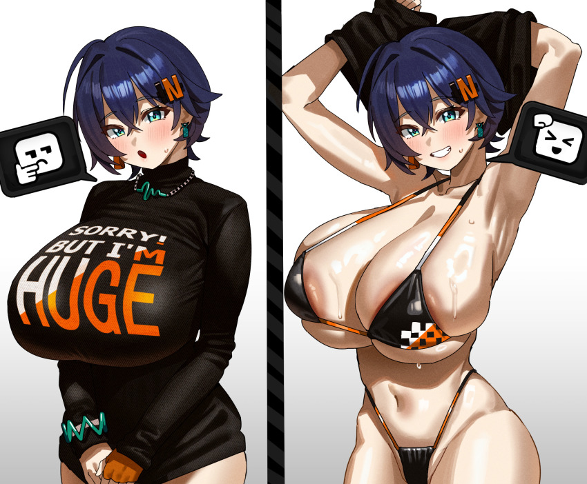 1girl alternate_breast_size areola_slip belle_(zenless_zone_zero) bikini blue_hair breasts cleavage covered_erect_nipples crossed_bangs earrings feipin_zhanshi green_eyes hair_between_eyes hair_ornament highres huge_breasts jewelry navel open_mouth shirt short_hair sweat swimsuit very_sweaty zenless_zone_zero