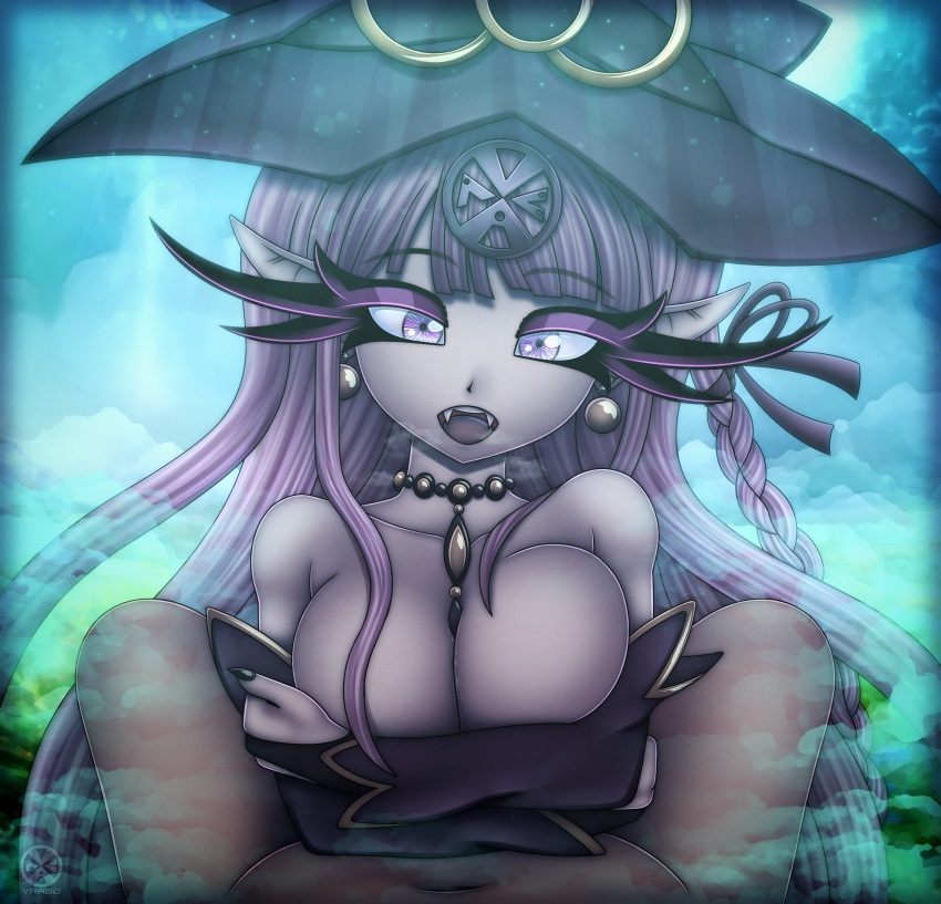 1girl absurdres amulet breasts cloudy danganronpa:_trigger_happy_havoc danganronpa_(series) demon_girl earrings eyelashes fangs female_focus hairpiece hat highres jewelry kirigiri_kyoko large_breasts long_eyelashes long_hair looking_at_viewer lying necklace outdoors outdoors_sex paizuri pink_eyes pink_hair pov solo_focus squished_boobs steam steamy topless vrabo witch_hat