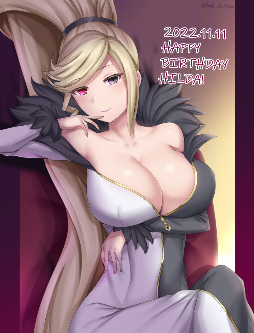 1girl absurdly_long_hair bare_shoulders black_eyes blonde_hair breasts cleavage dated dress fur_trim happy_birthday heterochromia high_ponytail highres hilda_(under_night_in-birth) large_breasts long_dress long_hair looking_at_viewer multicolored_clothes multicolored_dress off-shoulder_dress off_shoulder ponytail red_eyes sitting smile solo soukitsu swept_bangs twitter_username two-tone_dress under_night_in-birth very_long_hair