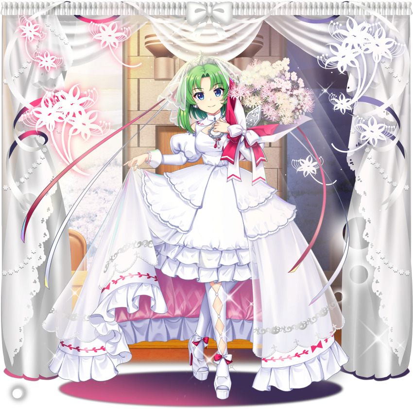 1girl alternate_costume blue_eyes bouquet bridal_veil closed_mouth curtains dress earrings flower frilled_dress frills game_cg green_hair high_heels highres holding holding_bouquet jewelry long_hair long_sleeves looking_at_viewer official_art ring rod_of_remorse rotte_(1109) shiki_eiki skirt_hold smile solo sparkle third-party_source touhou touhou_lostword transparent_background veil wedding_dress white_dress white_footwear