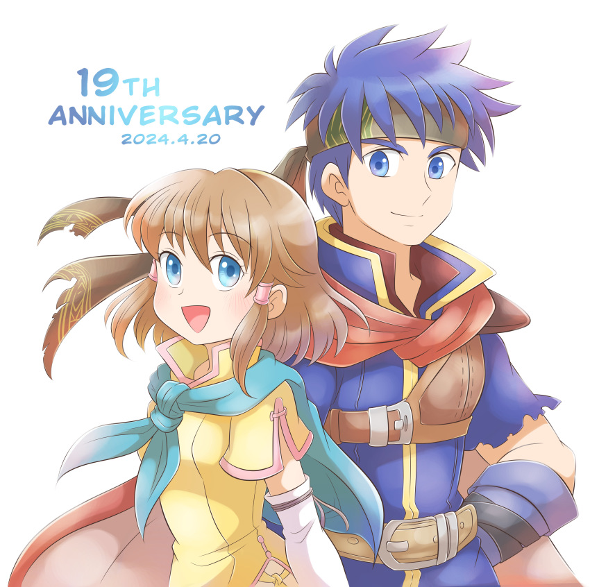 1boy 1girl absurdres anniversary aogaeru_(pixiv46613656) blue_eyes blue_hair brother_and_sister brown_hair cape commentary_request dated fire_emblem fire_emblem:_path_of_radiance hair_tubes headband highres ike_(fire_emblem) mist_(fire_emblem) nintendo short_hair siblings simple_background smile