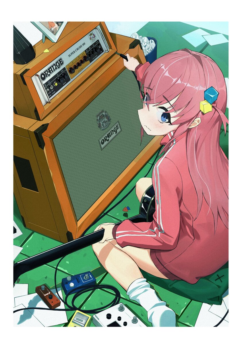 00_yangme 1girl absurdres amplifier audio_jack blue_eyes bocchi_the_rock! cube_hair_ornament electric_guitar film_grain floor_tiles from_above gotoh_hitori guitar hair_ornament highres holding holding_guitar holding_instrument instrument jacket looking_at_viewer music no_pants no_shoes on_floor papers pink_hair pink_jacket pink_track_suit playing_instrument plectrum side_ahoge sitting socks solo speaker track_jacket trash_can wariza wavy_mouth white_socks