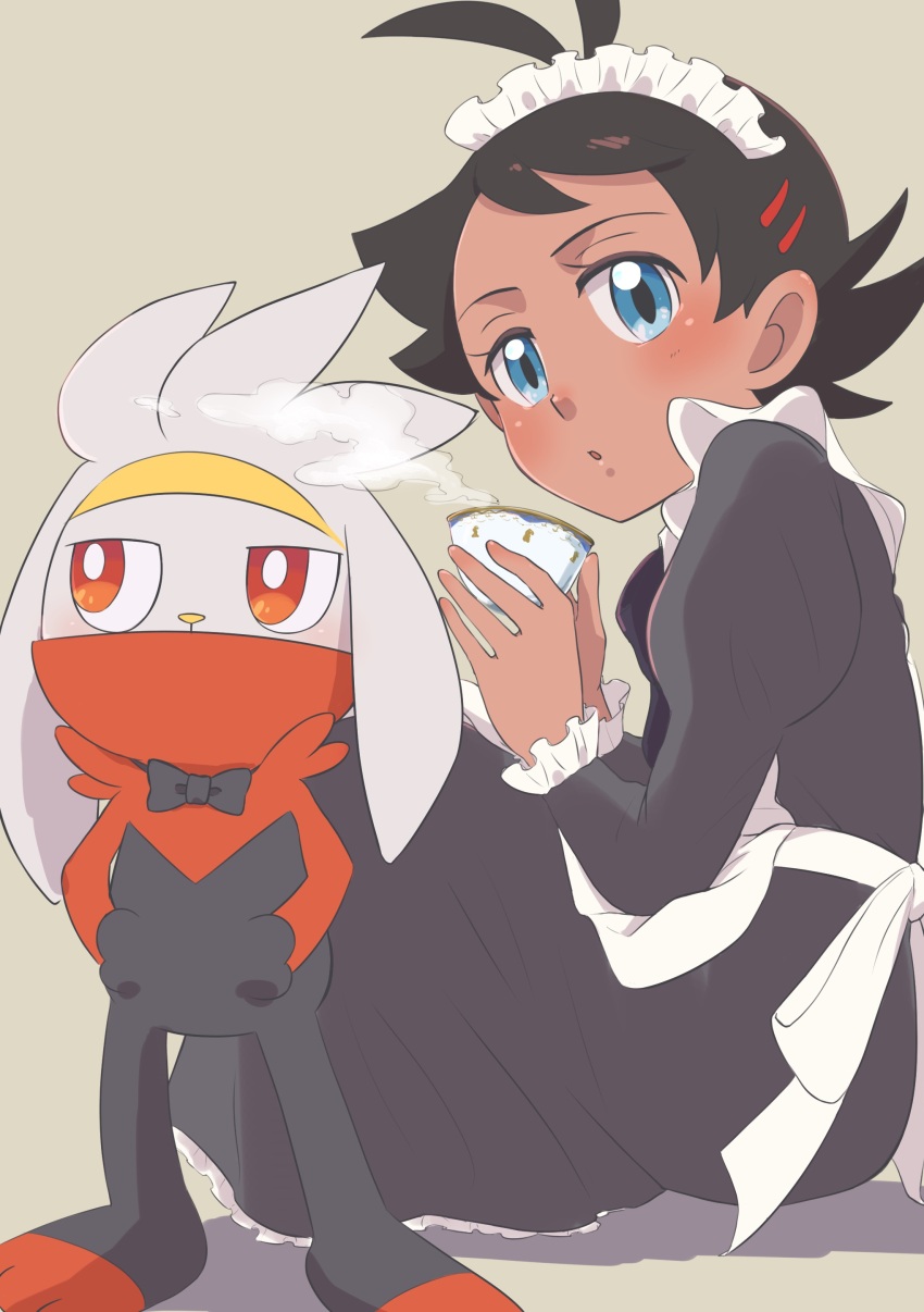 1boy absurdres ahoge black_dress black_hair blue_eyes creatures_(company) crossdressing cup dark-skinned_male dark_skin dress game_freak gen_8_pokemon goh_(pokemon) highres holding holding_cup kawachaneel long_sleeves maid_headdress nintendo pokemon pokemon_(anime) pokemon_(creature) pokemon_journeys puffy_long_sleeves puffy_sleeves raboot red_eyes simple_background sitting steam teacup