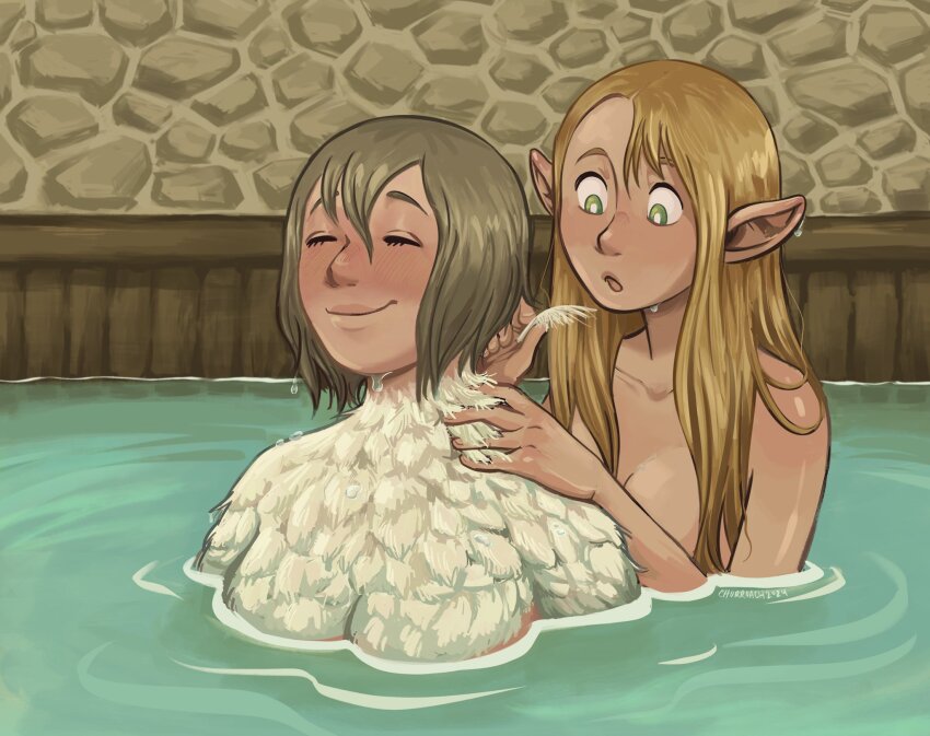 2girls body_fur breasts churroach closed_eyes dungeon_meshi elf falin_touden feathers green_eyes highres marcille_donato multiple_girls partially_submerged plucked_feathers pointy_ears same-sex_bathing shared_bathing short_hair smile spoilers wet white_feathers