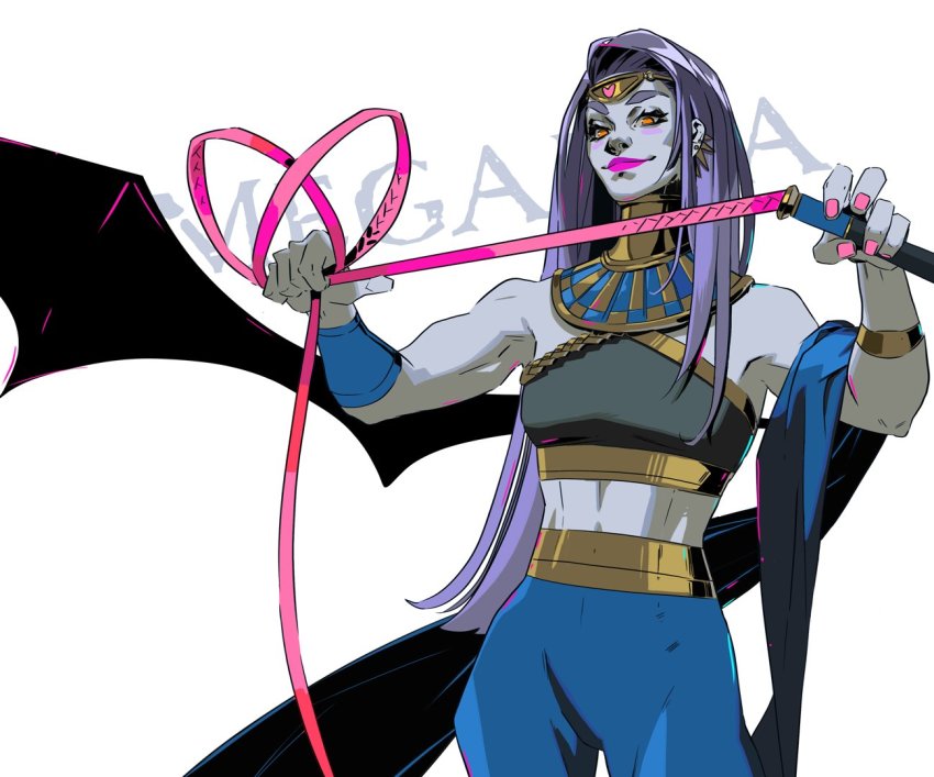 1girl bat_wings bracelet bracer character_name cowboy_shot earrings fingernails hades_(series) hades_1 hair_down jen_zee jewelry lipstick long_hair makeup megaera_(hades) midriff muscular muscular_female orange_hair purple_hair ribbon smile solo thick_eyebrows weapon whip wings