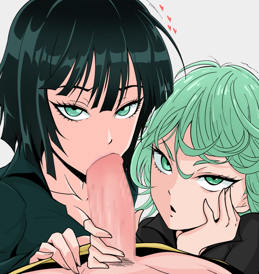 1boy 2girls black_hair cooperative_fellatio curly_hair erection fellatio ffm_threesome fubuki_(one-punch_man) green_eyes green_hair group_sex handjob highres looking_at_viewer matching_hair/eyes multiple_girls one-punch_man oral penis siblings sisters tatsumaki teamwork threesome