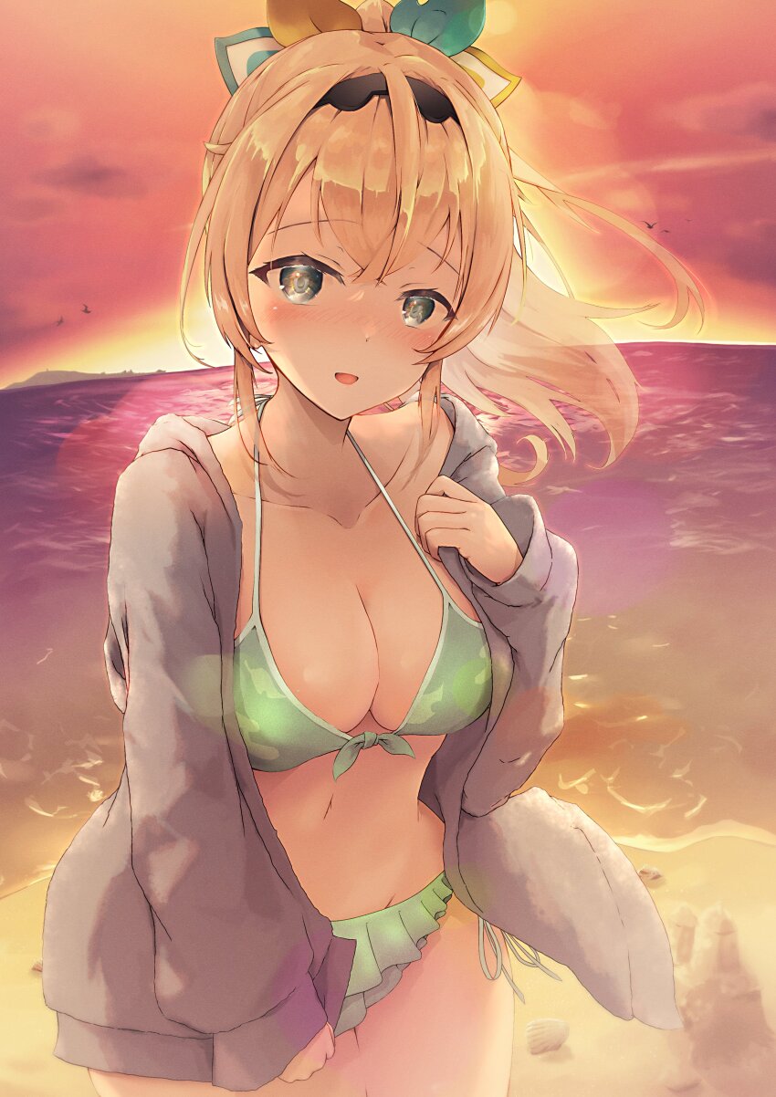 absurdres beach bikini blush breasts cleavage collarbone frilled_bikini frills hair_ornament hand_on_own_cheek hand_on_own_face highres hololive holox jacket kazama_iroha looking_at_viewer medium_breasts ocean open_clothes open_jacket open_mouth smile sunset swimsuit thighs virtual_youtuber yasei_no_nora