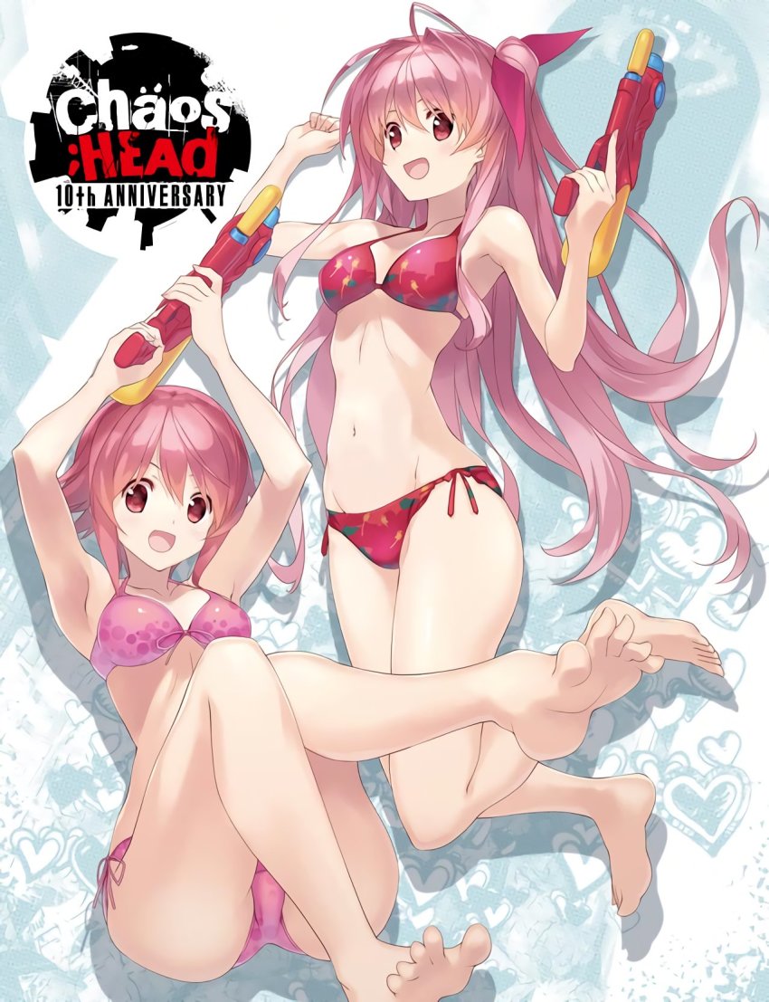 2girls antenna_hair armpits barefoot bikini breasts chaos;child chaos;head collarbone feet flipped_hair groin hair_ribbon highres long_hair medium_breasts multiple_girls one_side_up onoe_serika pink_eyes pink_hair red_eyes ribbon sakihata_rimi sasaki_mutsumi short_hair sidelocks smile swimsuit very_long_hair water_gun