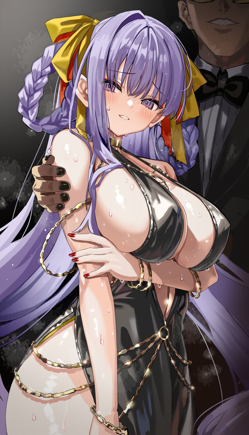 1boy 1girl absurdres bare_shoulders bb_(fate) bb_dubai_(fate) belly_chain black_dress blush bracelet braid braided_hair_rings breasts center_opening cleavage dress eyeliner fate/grand_order fate_(series) formal_clothes hair_ribbon hair_rings highres jewelry large_breasts long_hair looking_at_viewer makeup necklace purple_eyes purple_hair ribbon shino_(eefy) side_slit sideboob solo_focus suit sweat twin_braids very_long_hair yellow_ribbon