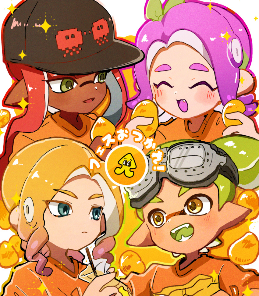 2boys 2girls :d ^_^ baseball_cap black_hat blonde_hair blue_eyes blush closed_eyes commentary_request dark-skinned_female dark_skin drill_hair fang goggles goggles_on_head gradient_hair green_eyes green_hair hat highres inkling inkling_boy inkling_girl inkling_player_character long_hair mitarashi_fa multicolored_hair multiple_boys multiple_girls nintendo octoling octoling_boy octoling_girl octoling_player_character open_mouth orange_hair orange_shirt pointy_ears print_headwear purple_hair red_hair shirt simple_background smile sparkle splatoon_(series) splatoon_3 teeth tentacle_hair thick_eyebrows twin_drills two-tone_hair white_background yellow_eyes