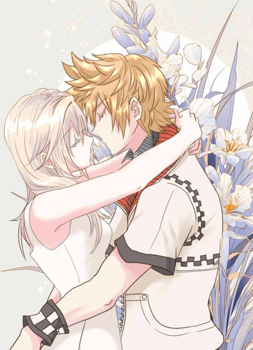 1boy 1girl bare_shoulders closed_eyes closed_mouth commentary_request dress floral_background flower hetero highres hug jacket kingdom_hearts kingdom_hearts_ii long_hair namine pocket pointy_hair profile roxas short_hair short_sleeves sleeveless sleeveless_dress spirasen white_dress white_flower white_jacket