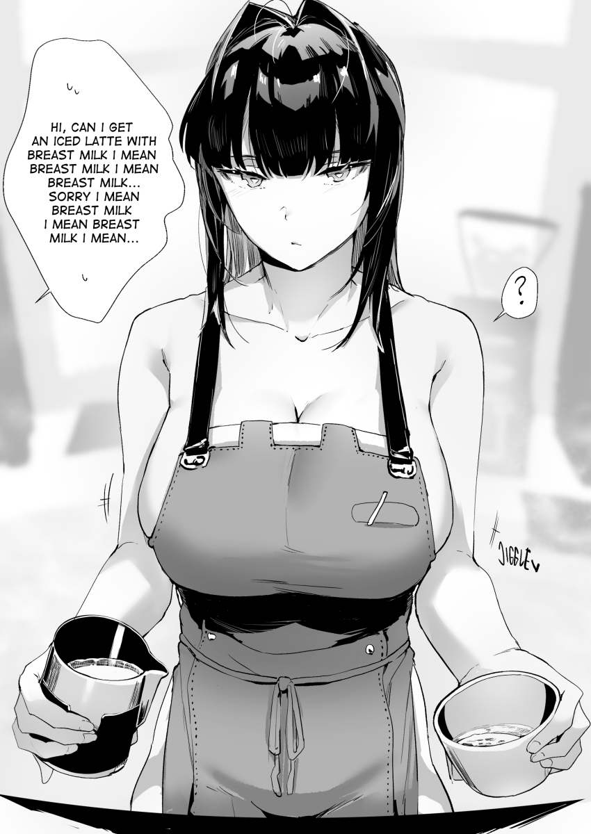 1girl ? absurdres apron bare_arms bare_shoulders breasts collarbone commentary cup english_commentary english_text greyscale highres holding holding_cup iced_latte_with_breast_milk_(meme) large_breasts long_hair looking_at_viewer lynus meme monochrome naked_apron naoko_(lynus) original sideboob solo sound_effects speech_bubble spoken_question_mark