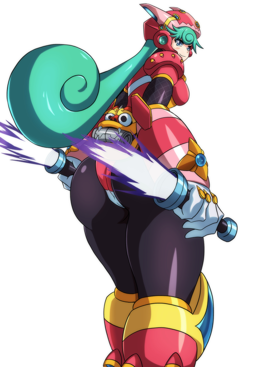 1girl absurdres armored_boots armored_gloves ass blue_eyes bodysuit boots green_hair highres kotatuman_dash long_hair marino_(mega_man) mega_man_x_(series) ninja sword weapon