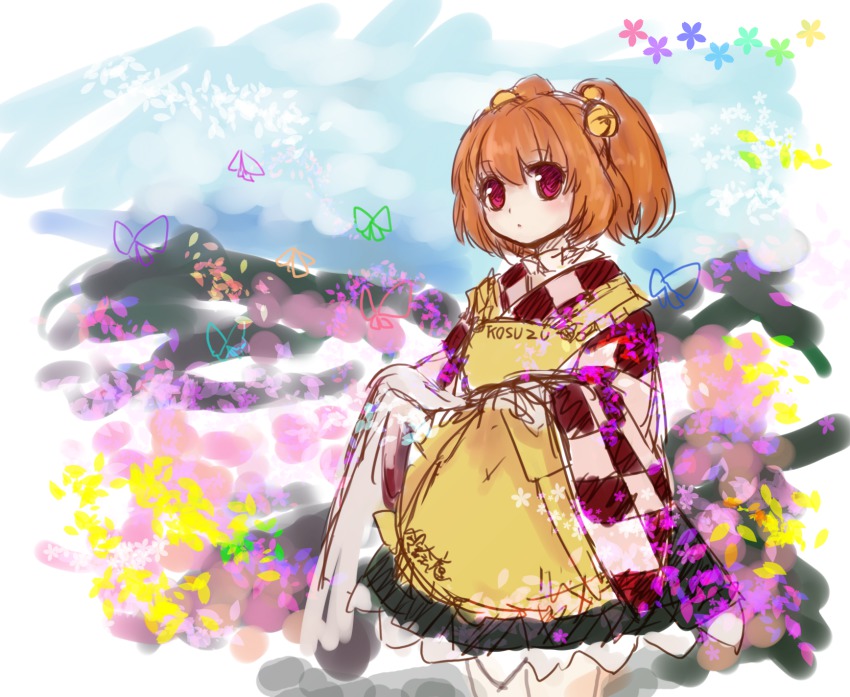 1girl apron bell bug butterfly checkered_clothes female_focus hair_bell hair_ornament highres insect moni_(credo) motoori_kosuzu red_eyes red_hair sketch solo touhou twintails two_side_up