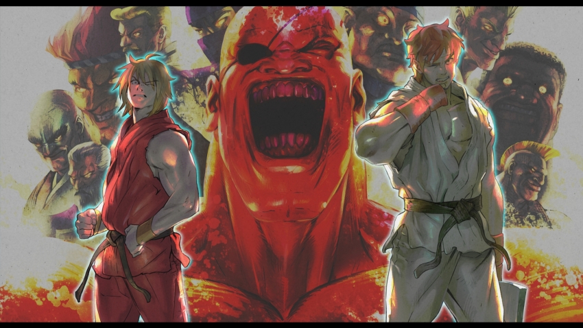 angry bald bengus birdie_(street_fighter) black_hair blonde_hair capcom dougi eagle_(street_fighter) facial_hair geki_(street_fighter) gen_(street_fighter) glowing glowing_eyes group_picture highres illustration joe_(street_fighter) karate_gi ken_masters lee_(street_fighter) martial_arts mike_(street_fighter) muscular muscular_male mustache official_art red_hair retsu_(street_fighter) ryu_(street_fighter) sagat shouting street_fighter street_fighter_1 thick_eyebrows