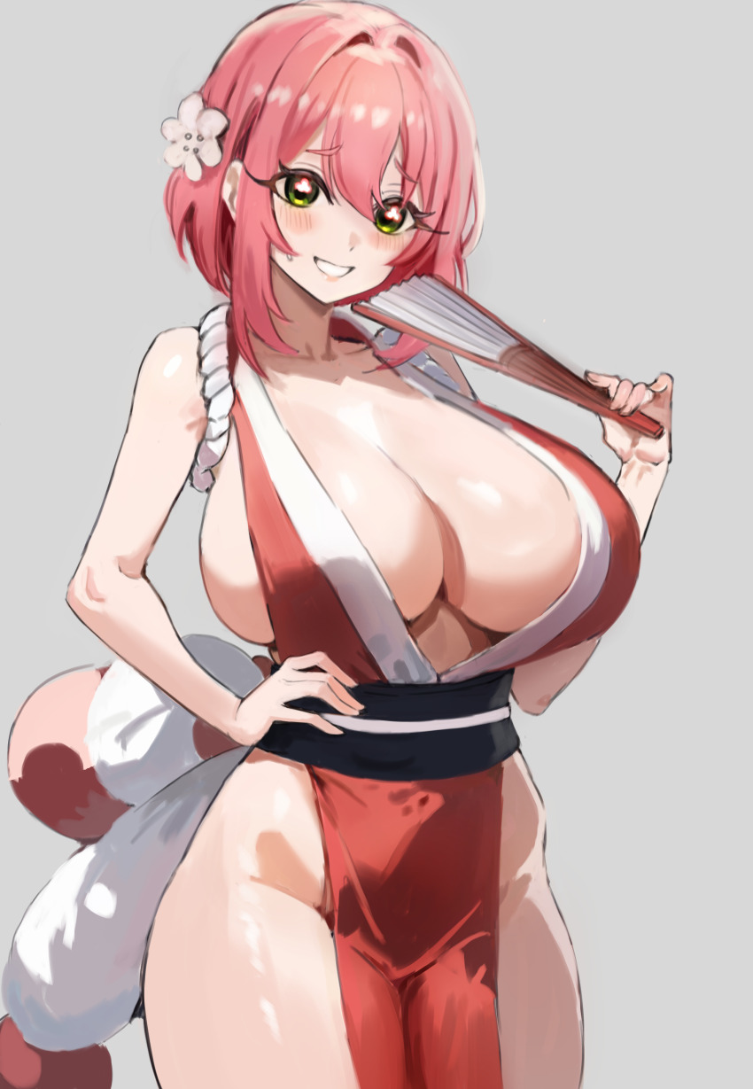 1girl absurdres bare_arms bare_hips bare_shoulders black_sash blush breasts chinese_commentary collarbone cosplay dress fatal_fury flower flower_in_eye folded_fan folding_fan green_eyes grey_background grin groin hair_between_eyes hair_flower hair_intakes hair_ornament hanazono_hakari hand_fan highres hokkaido_usagi huge_breasts kimi_no_koto_ga_dai_dai_dai_dai_daisuki_na_100-nin_no_kanojo looking_at_viewer medium_hair pelvic_curtain pink_hair red_dress sash shiranui_mai shiranui_mai_(cosplay) sideboob smile solo symbol_in_eye thighs white_background white_flower