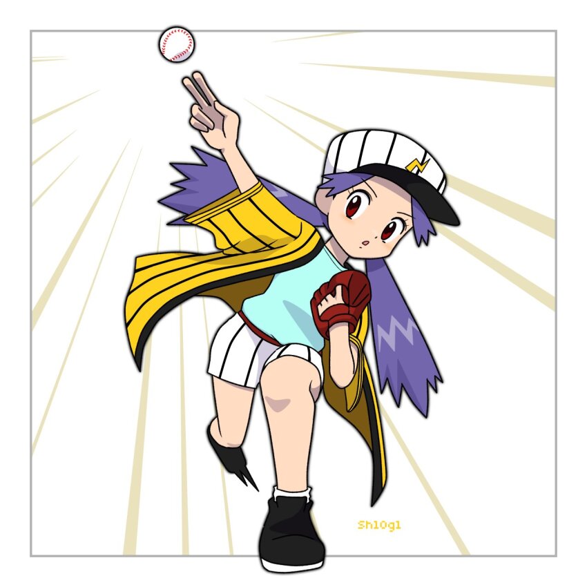 1girl :o aqua_shirt artist_name baseball baseball_glove black_footwear border brown_eyes casey_(pokemon) creatures_(company) eyelashes full_body game_freak hat highres jacket long_hair nintendo open_clothes open_jacket pokemon pokemon_(anime) pokemon_(classic_anime) purple_hair shiogi_(riza_49) shirt shoes shorts socks solo twintails white_background white_border white_hat white_shorts white_socks yellow_jacket